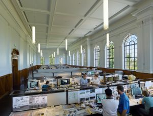 Historic Vol Walker hall featuring students on computers working on various architectural projects